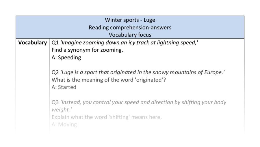 Reading comprehension - vocabulary - Luge