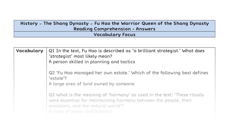 Reading Comprehension - Fu Hao the Warrior Queen of the Shang Dynasty - Vocabulary Focus