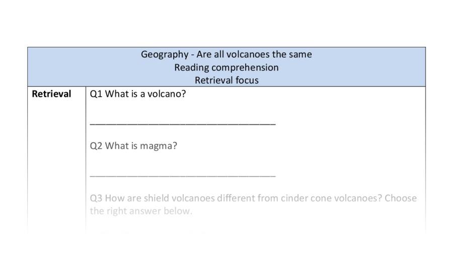 Reading comprehension - retrieval - volcanoes