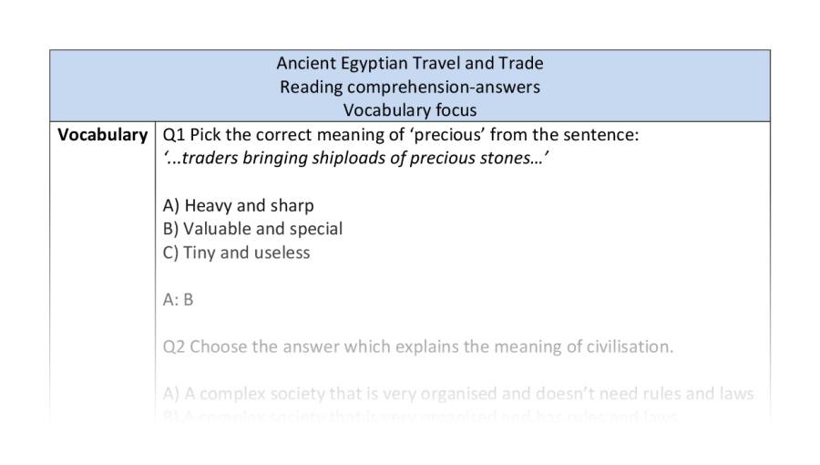 Reading comprehension - vocabulary - Ancient Egyptian Travel and Trade - answers
