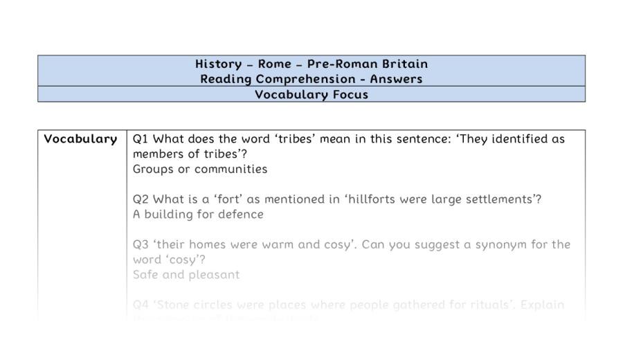 Reading Comprehension - Pre Roman Britain - Vocabulary Focus