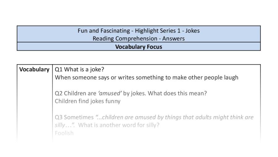 Reading Comprehension - Jokes - Highlight Series 1 - Vocabulary Focus