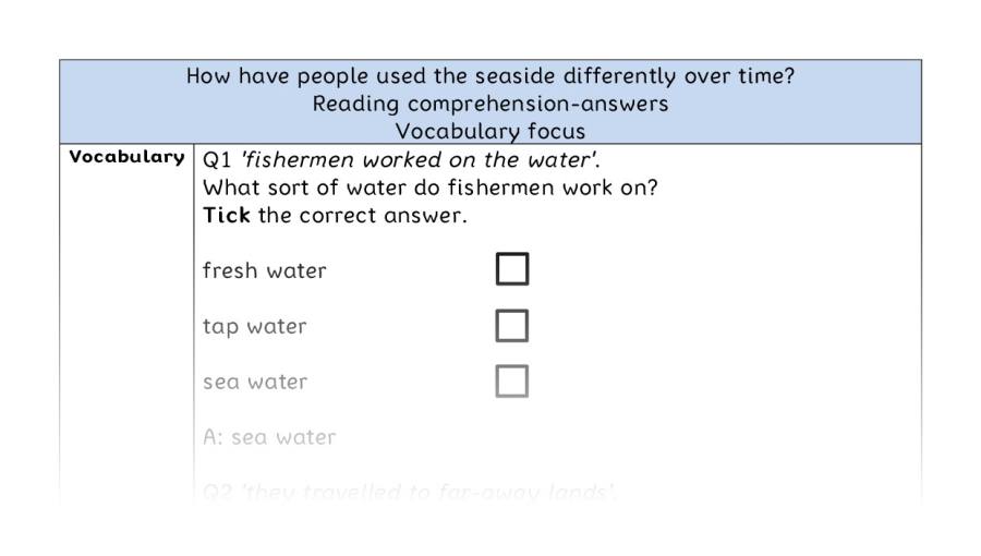 Reading comprehension - vocabulary -how the seaside was used differently over time - answers