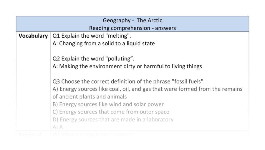 Reading comprehension - VRSIPE - The Arctic - answers