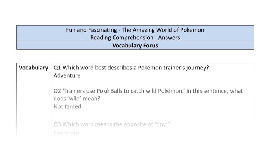 Reading Comprehension-The Amazing World of Pokemon-vocabulary-answers