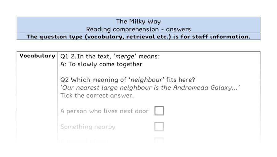 Reading comprehension - VRSIPE - The Milky Way - answers