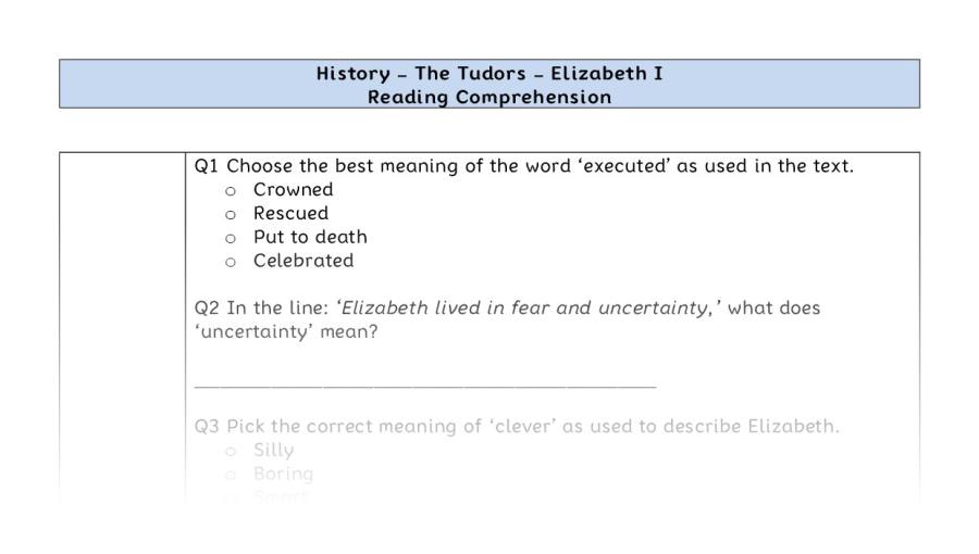 Reading comprehension - Elizabeth I - vocabulary