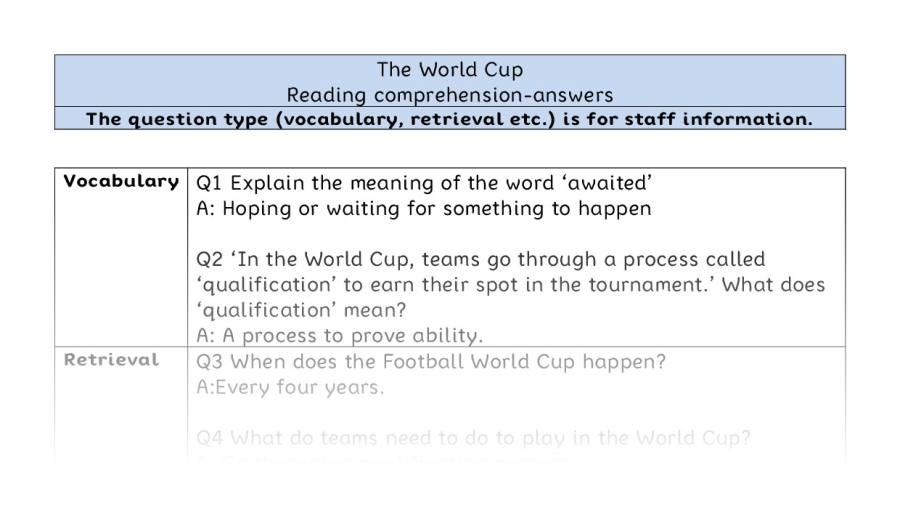 Reading comprehension - VRSIPE - The World Cup - answers