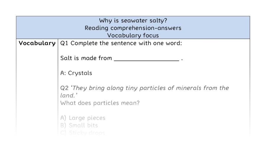 Reading comprehension - vocabulary - Why is seawater salty - answers