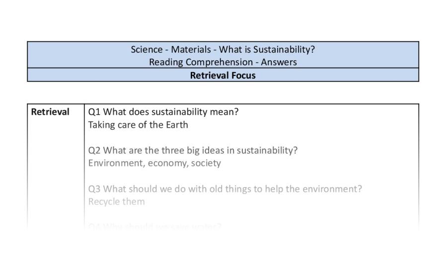 Reading Comprehension - What is Sustainability - Retrieval Focus