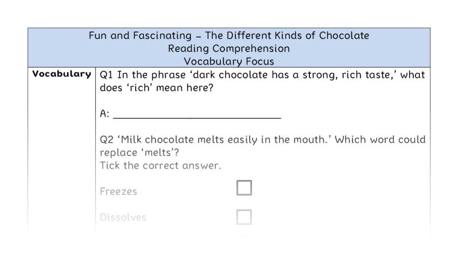 The Different Kinds of Chocolate - Reading Comprehension - Vocabulary Focus