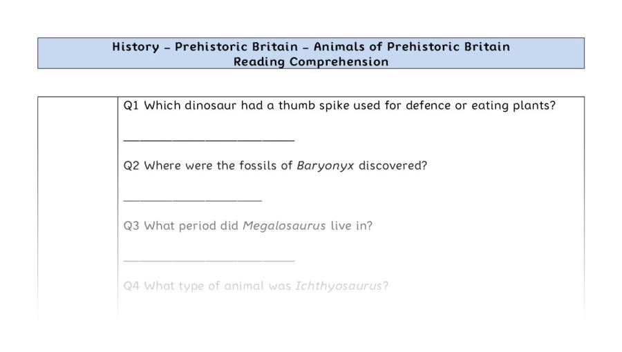 Reading comp-Animals of Prehistoric Britain-retrieval focus