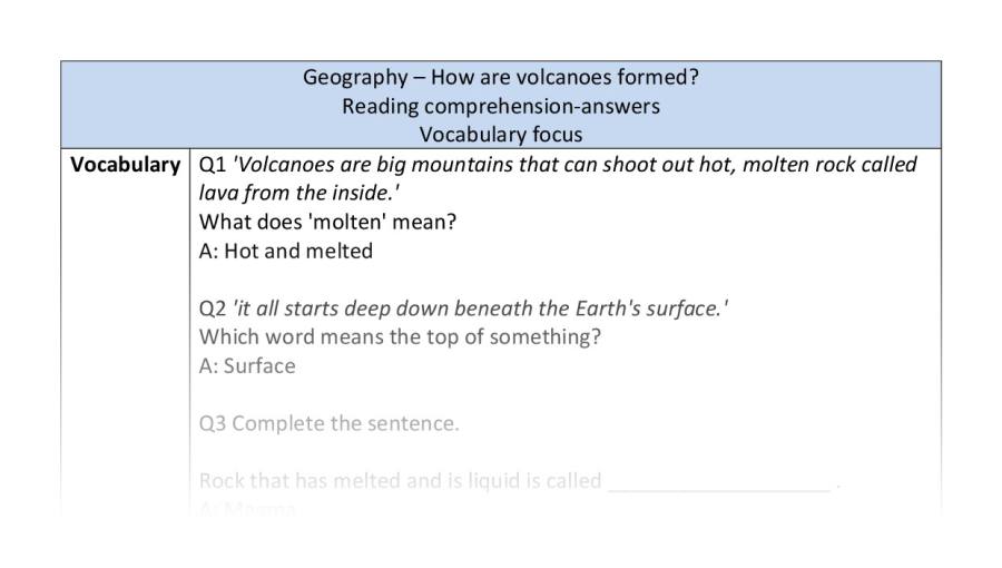 Reading comprehension - vocabulary - how volcanoes form - answers