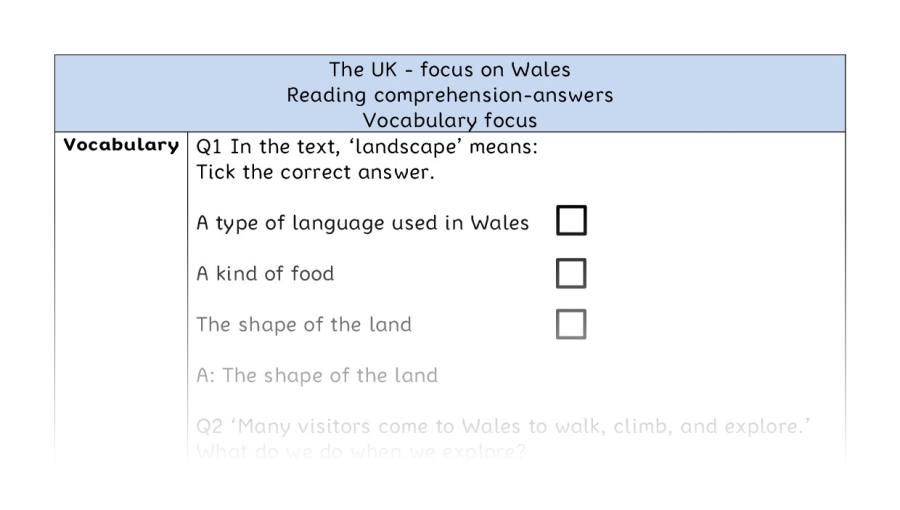 Reading comprehension - vocabulary - The UK - focus on Wales - answers