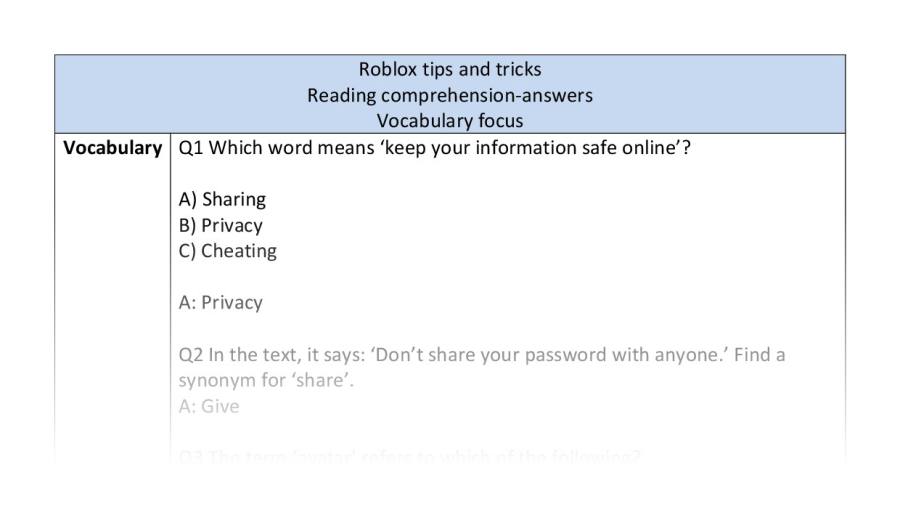Reading comprehension - vocabulary - Roblox tips and tricks - answers