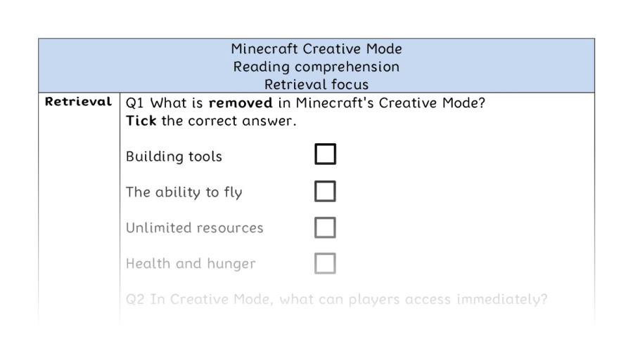 Reading comprehension - retrieval - Minecraft Creative Mode