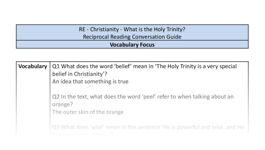 Reciprocal Reading Conversation - What is the Holy Trinity - Vocabulary Focus