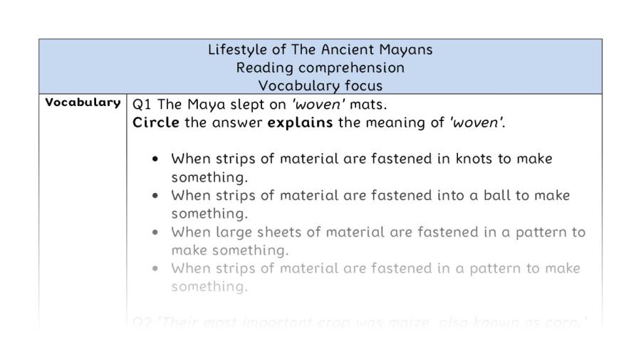 Reading comprehension -Lifestyle of The Ancient Mayans- vocabulary