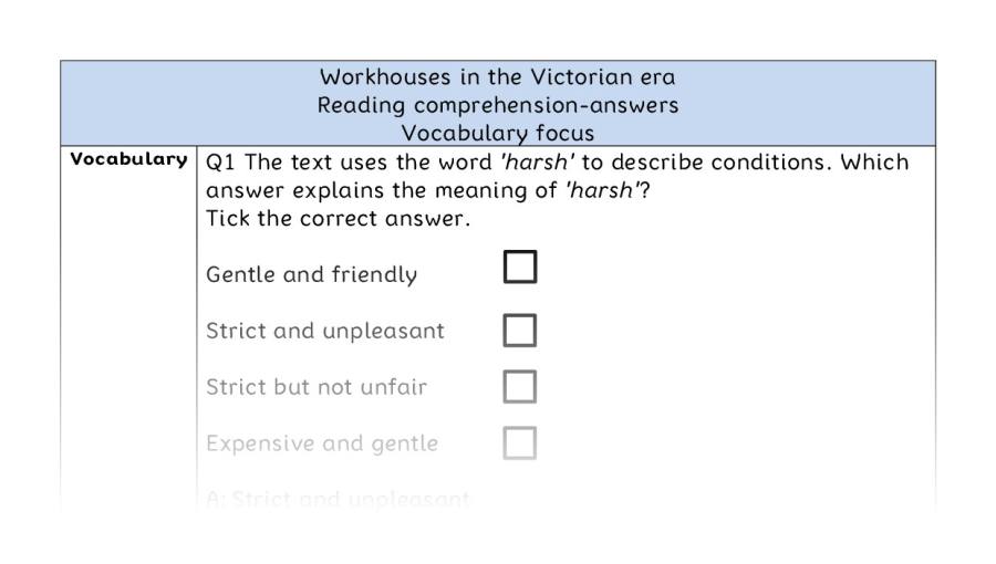 Reading comprehension - vocabulary - Workhouses in the Victorian era - answers