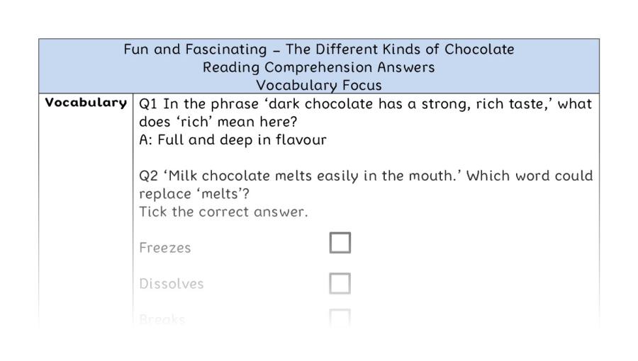 The Different Kinds of Chocolate - Reading Comprehension Answers - Vocabulary Focus