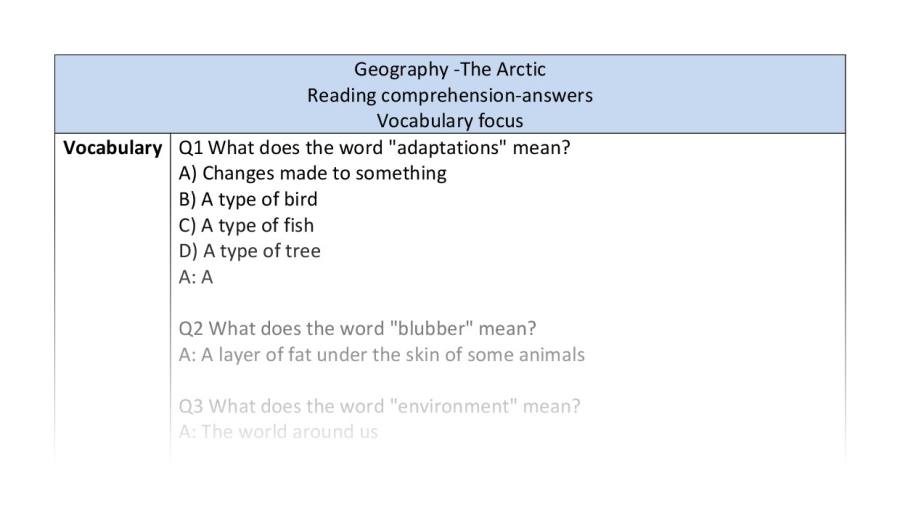 Reading comprehension - vocabulary-The Arctic - answers