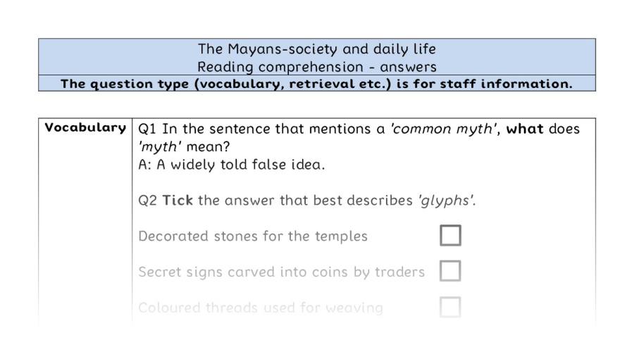 Reading comprehension VRSIPE - The Mayans-society and daily life - answers