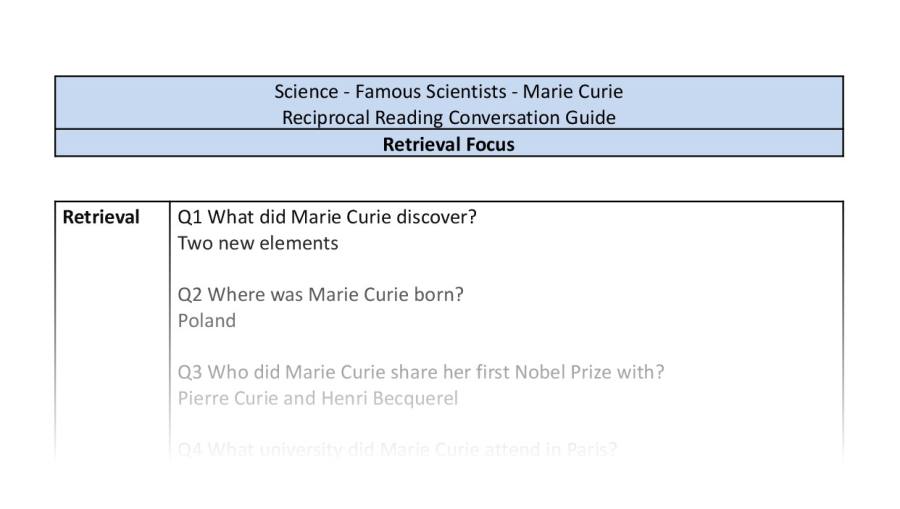 Reciprocal Reading Conversation - Marie Curie - Retrieval Focus