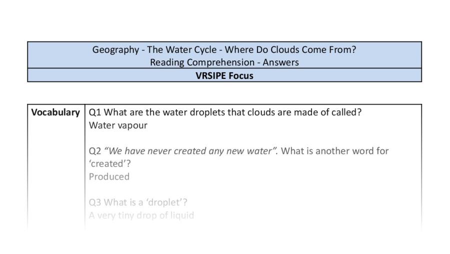 Reading comprehension-VRSIPE - Where Do Clouds Come From-answers