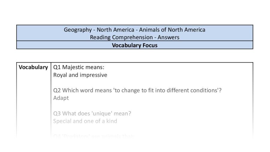 Reading Comprehension - Animals of North America - Vocabulary Focus