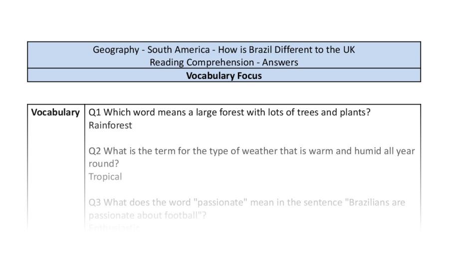 Reading Comprehension-How is Brazil Different to the UK-vocabulary Focus-answers