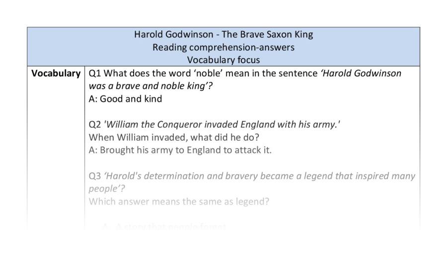 Reading comprehension - vocabulary - Harold Godwinson - The Brave Saxon King - answers