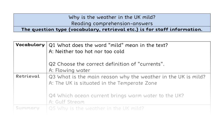 Reading comprehension - VRSIPE - Why is the weather in the UK mild - answers