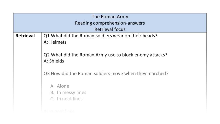 Reading comprehension - retrieval - The Roman Army