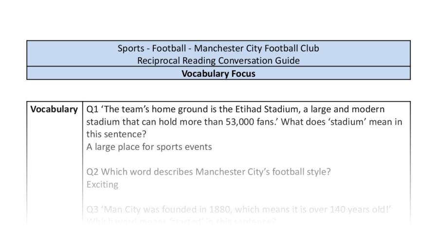 Reciprocal Reading Conversation - Manchester City Football Club - Vocabulary Focus