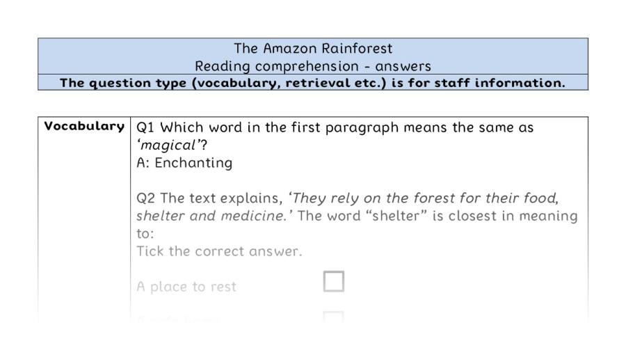 Reading comprehension VRSIPE-The Amazon Rainforest - answers