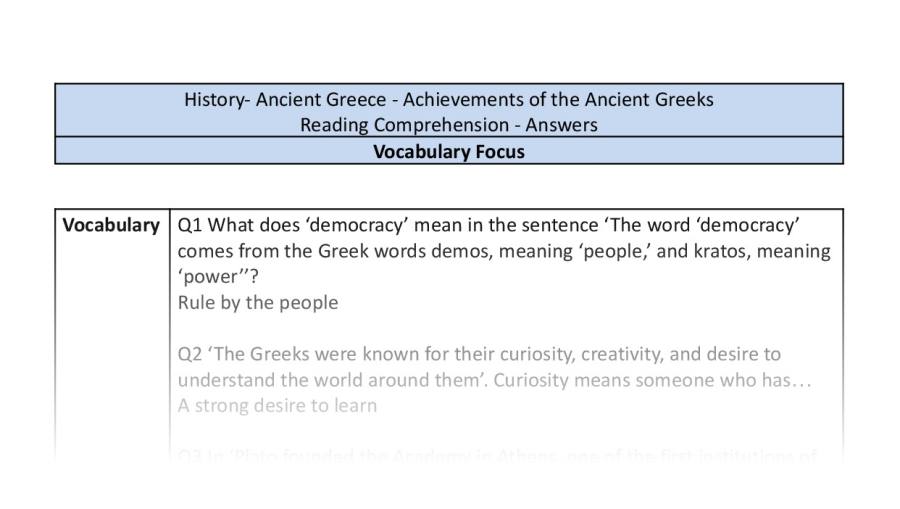 Reading Comprehension - Achievements of the Ancient Greeks - Vocabulary Focus