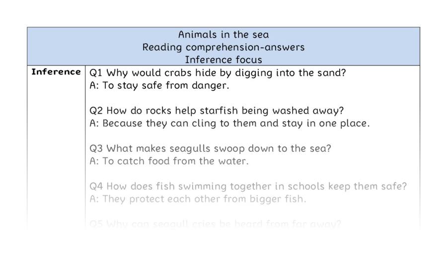 Reading comprehension - inference - Animals in the sea - answers