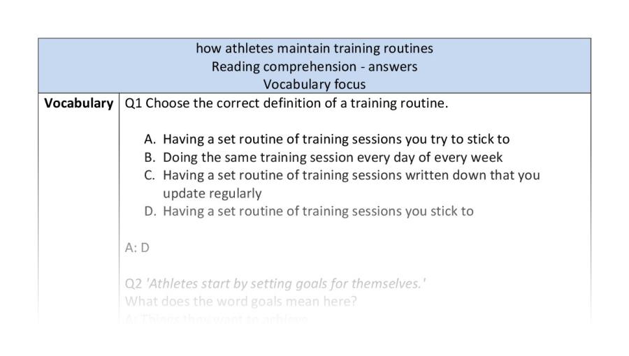 Reading comprehension - vocabulary - how athletes maintain training routines