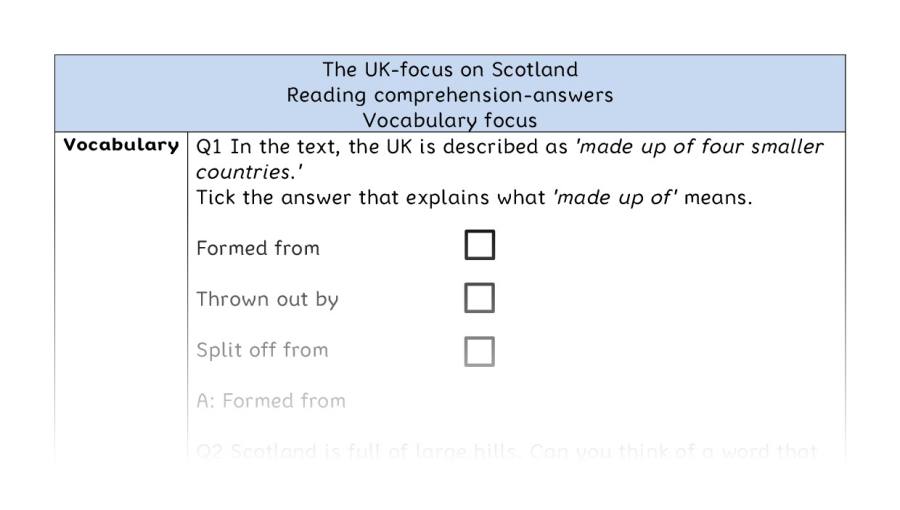 Reading comprehension - vocabulary - The UK-focus on Scotland - answers