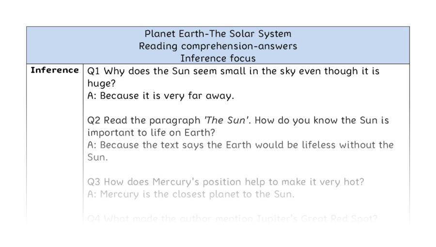 Reading comprehension - inference - The Solar System - answers