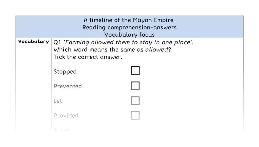 Reading comprehension - vocabulary - A timeline of the Mayan Empire - answers