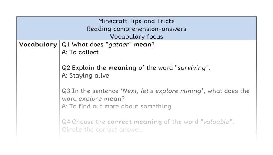 Reading comprehension-Minecraft Tips and Tricks-vocabulary - answers