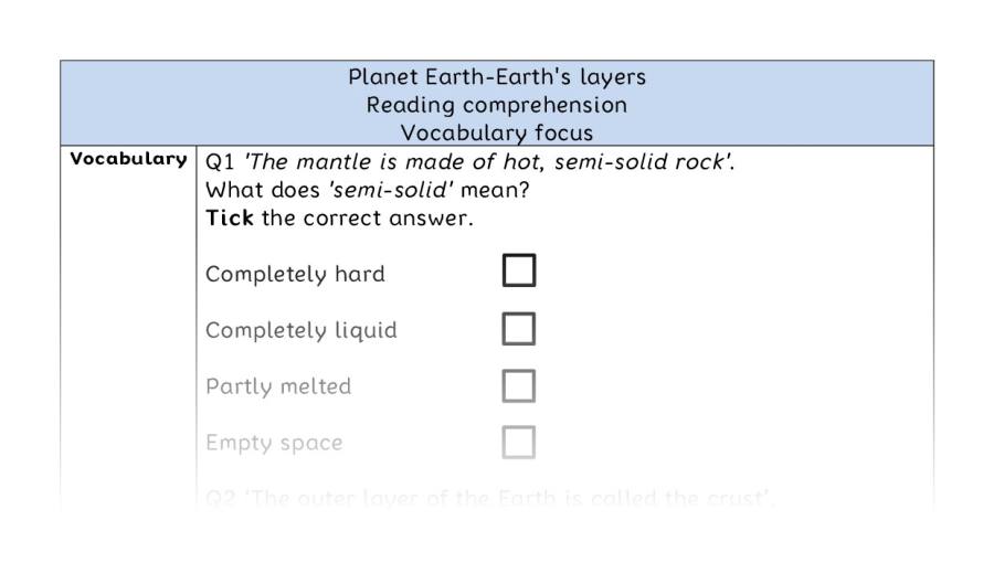Reading comprehension - vocabulary - Planet Earth-Earths layers