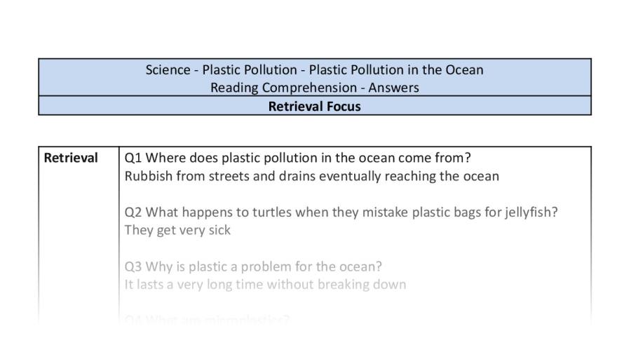 Reading Comprehension - Plastic Pollution in the Ocean - Retrieval Focus