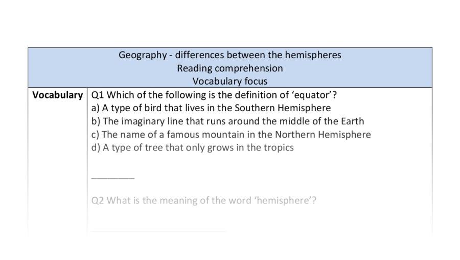 Reading comprehension - vocabulary -differences between the hemispheres