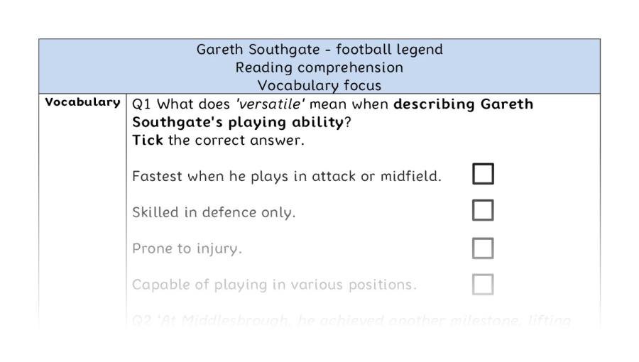 Reading comprehension - vocabulary - Gareth Southgate - football legend