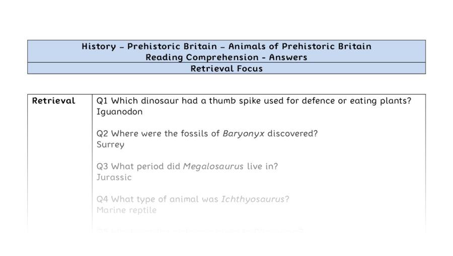 Reading comp-Animals of Prehistoric Britain-retrieval focus-answers