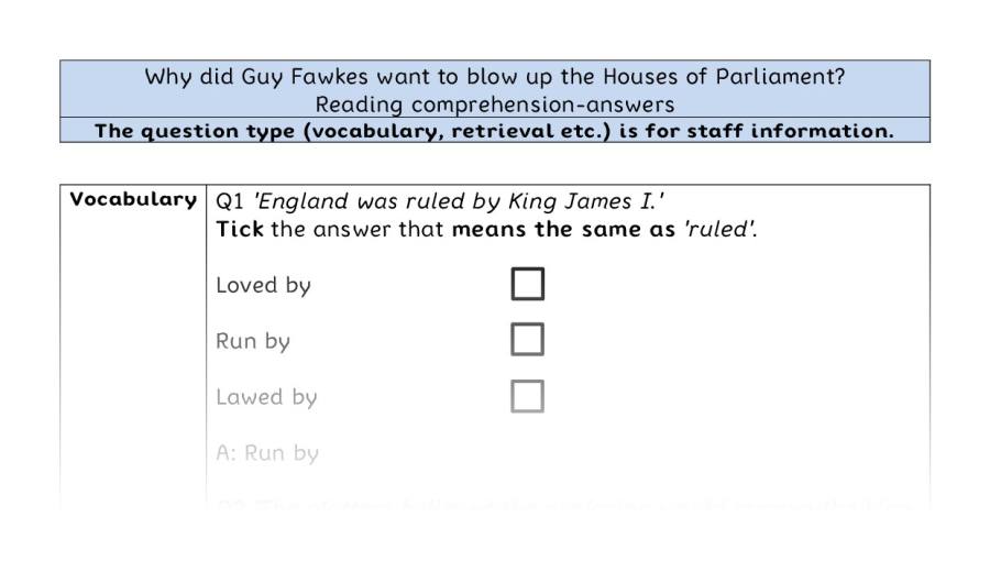 Reading comprehension - VRSIPE - why Guy Fawkes wanted to blow up Parliament - answers