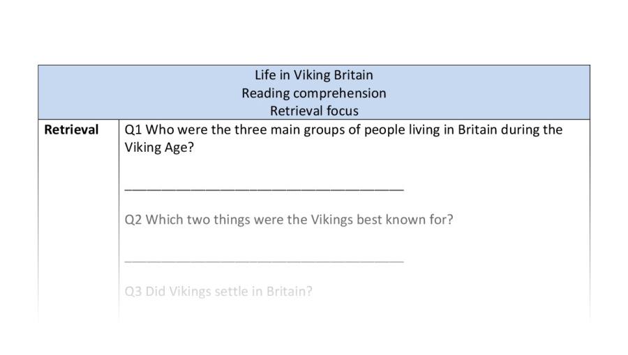 Reading comprehension - retrieval - Life in Viking Britain