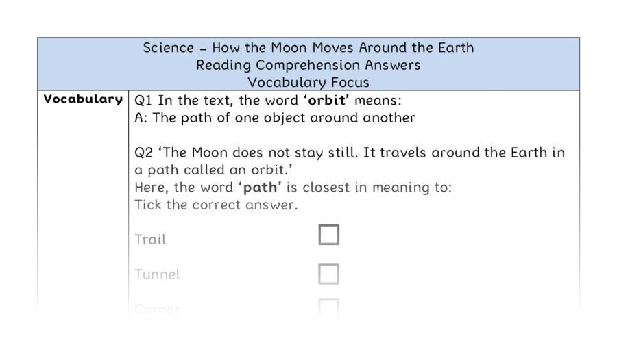 How the Moon Moves Around the Earth - Reading Comprehension Answers - Vocabulary Focus